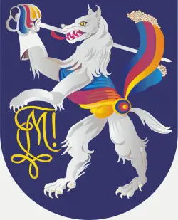Wappen der p.B! Markomannia zu St.Pölten zeigt den St. Pöltner Stadtwolf mit Zirkel